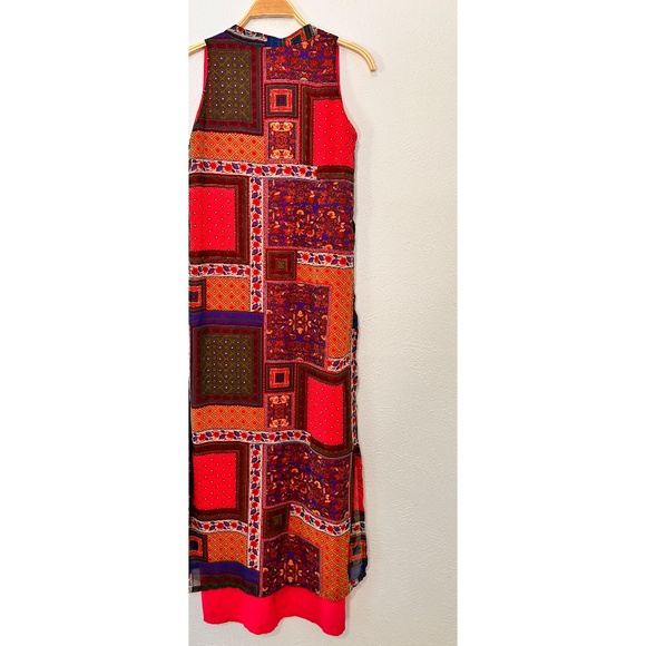 Global Desi Multicolor Patch Print V-Neck Maxi Dress w/ Side Split, S - Picture 5 of 11